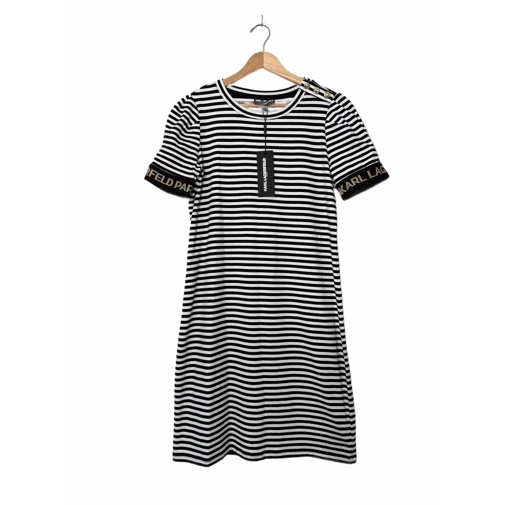 Karl Lagerfeld Paris‎ Striped Logo Tape Puff Sleeve Tshirt Dress Sz XS - Picture 4 of 11
